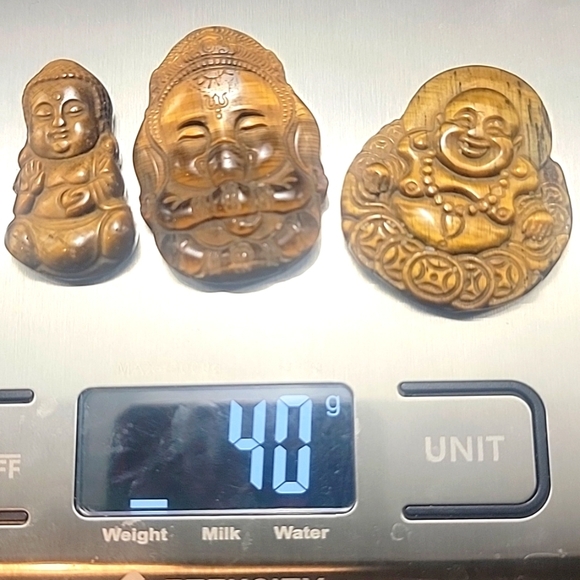 Set of Three Tiger Eye Money Happy Buddas Hand Carved Natural Gemstone Crystal - Picture 9 of 10